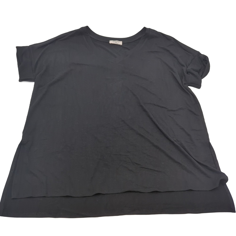 Zenana Black V-Neck High Low Hem Short Sleeve Top RT-1629XP Plus Size 1X